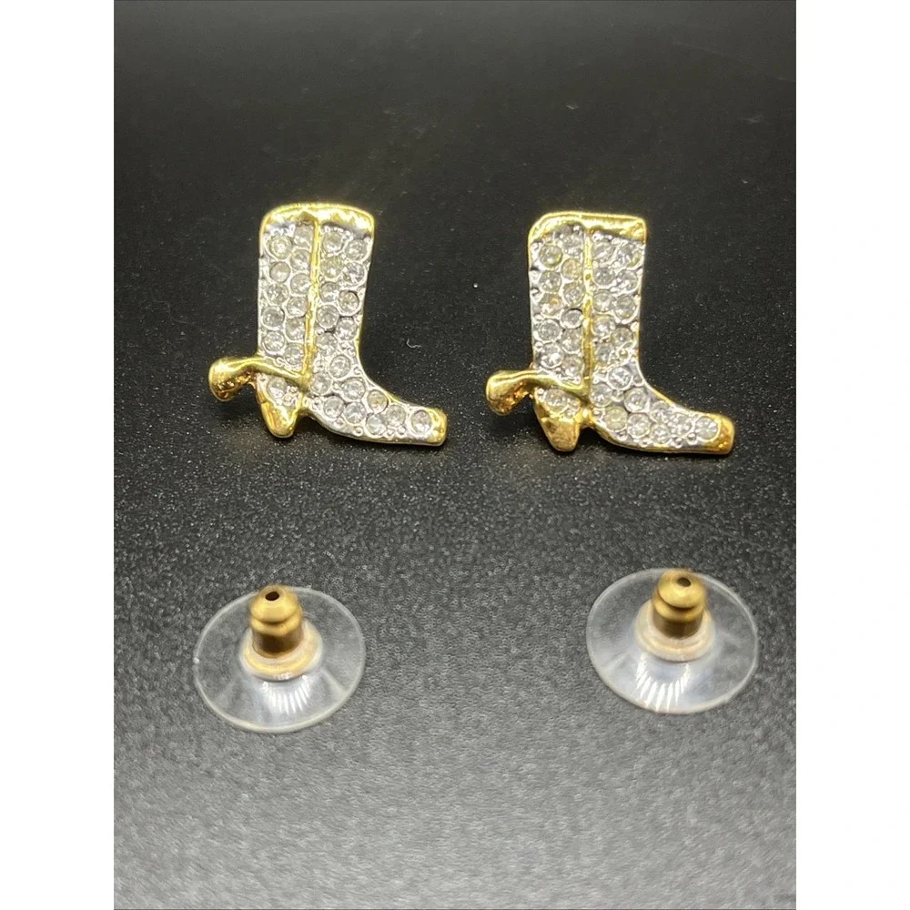 Gold-Tone Rhinestone Cowboy‎ Boot Earrings Pierced Lauren Spencer Jewelry